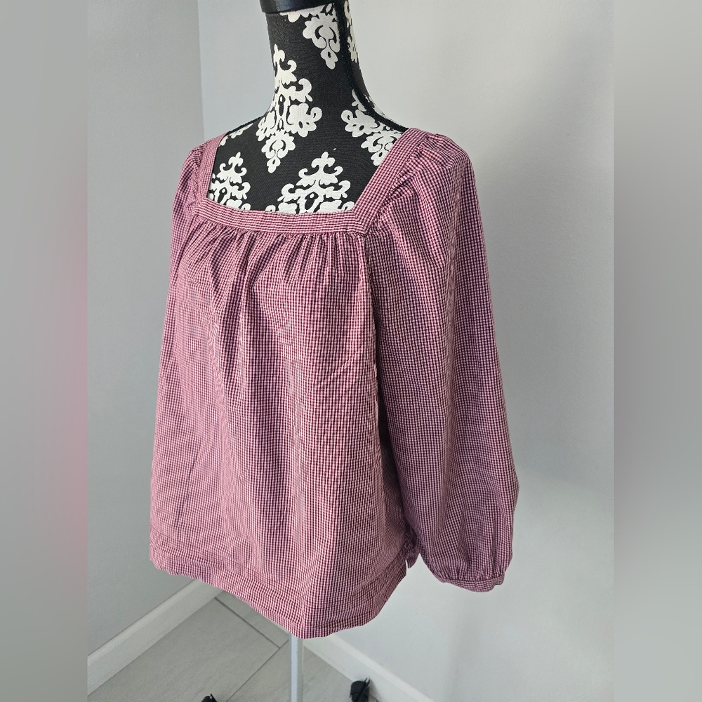 J Crew Red Smocked Puff Sleeve Blouse size L - Picture 2 of 8